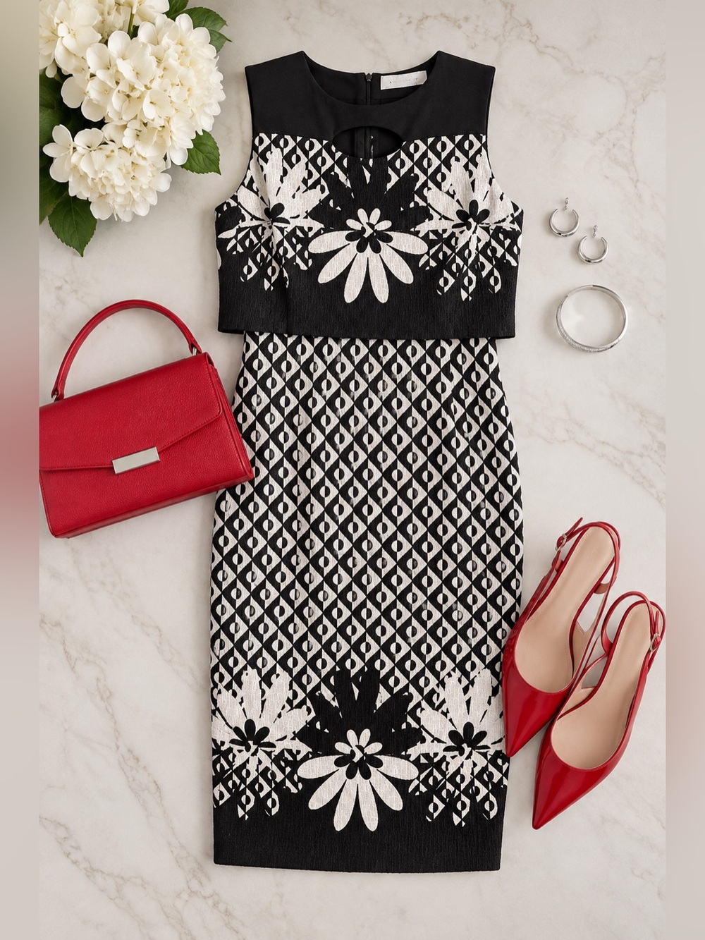 Joseph Ribkoff Black White Floral Geometric Sheath Dress